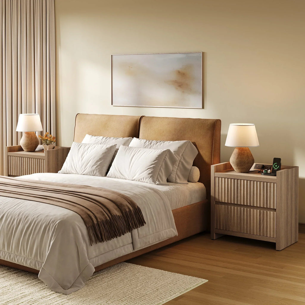 2026 NewSICOTAS 25.4" Wide Nightstand Set of 2 with Charging Station, Modern Night Stand with 2 Fluted Dresser & Handle-Less Storage Farmhouse Bed Side Table for Bedroom, Natural Oak