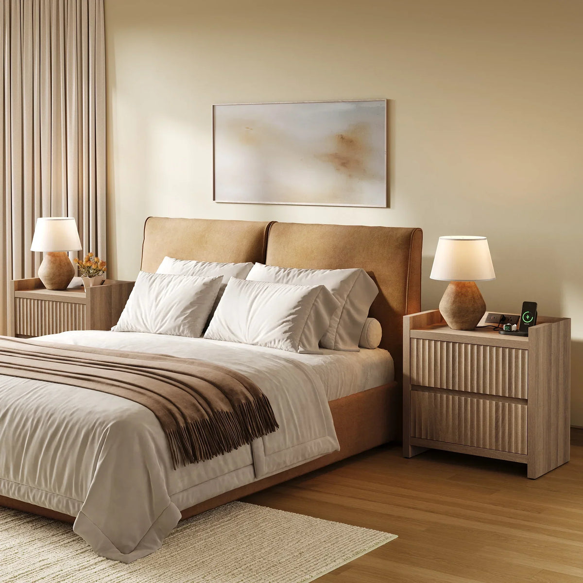 2026 NewSICOTAS 25.4" Wide Nightstand Set of 2 with Charging Station, Modern Night Stand with 2 Fluted Dresser & Handle-Less Storage Farmhouse Bed Side Table for Bedroom, Natural Oak