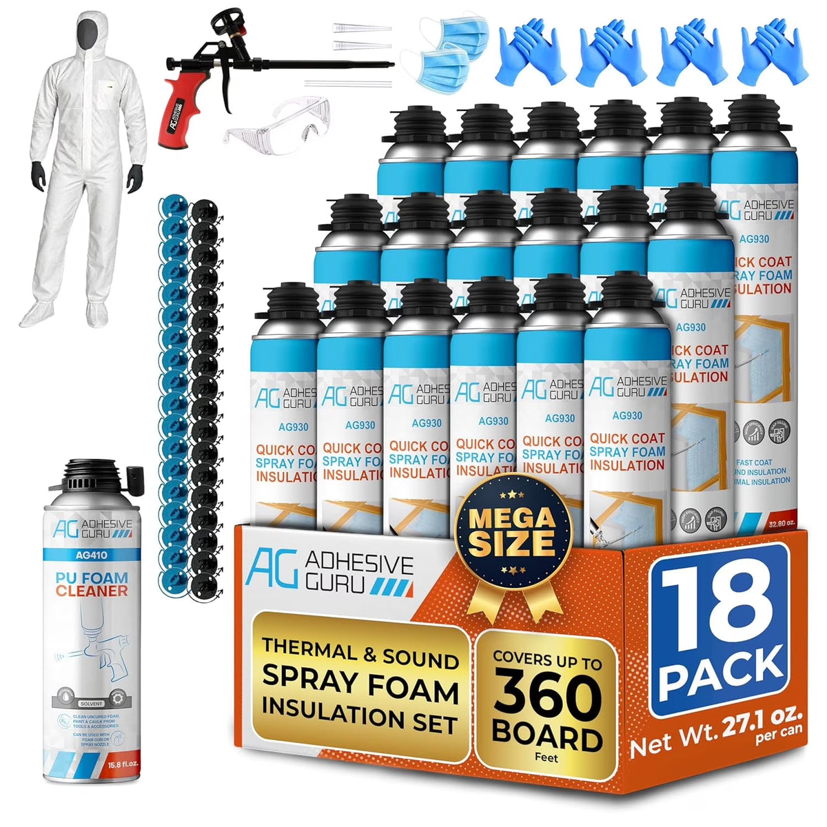 2026 NewAdhesive Guru Spray Foam Insulation Kit (18 x 32.80 oz/930 gr - 360 Board feet), Self-Expanding Adhesive Foam, Closed Cell Heat Insulation & Acustic Spray with Cleaner and Dispensing Gun- 18 Pack