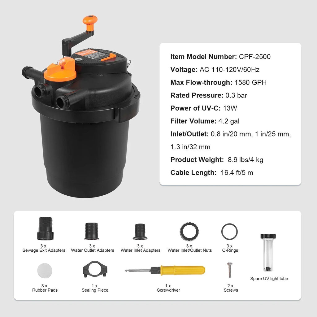 2026 NewBio Pressure Pond Filter with 13W UV-C Light, 1580 GPH, for Pools up to 1600 Gallons, Pressurized Biological Filtration for Garden Ponds, Koi Fish Tanks, Fountains