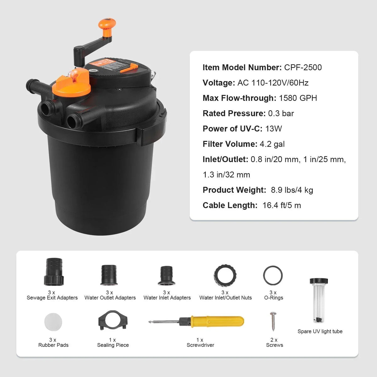 2026 NewBio Pressure Pond Filter with 13W UV-C Light, 1580 GPH, for Pools up to 1600 Gallons, Pressurized Biological Filtration for Garden Ponds, Koi Fish Tanks, Fountains