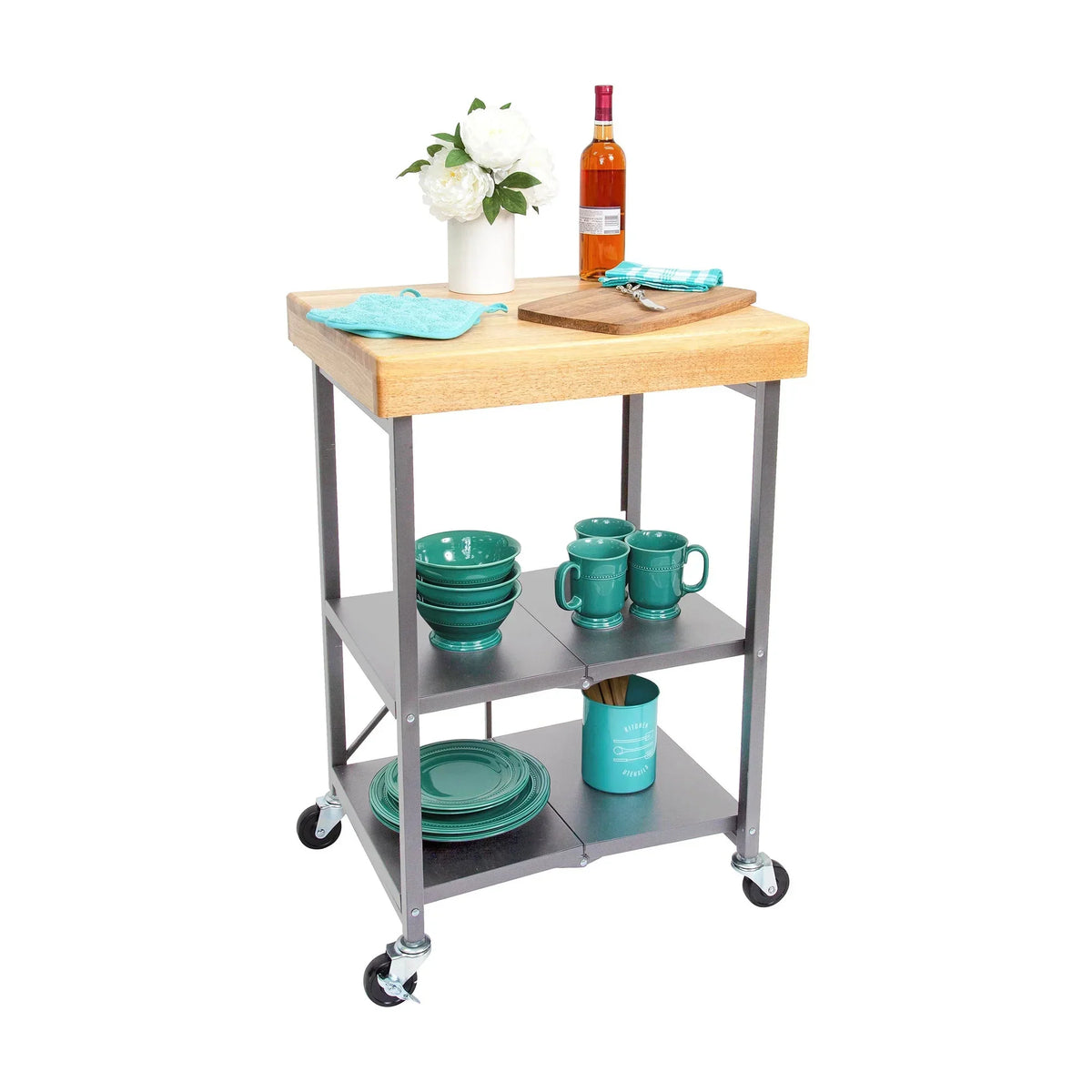 2026 NewOrigami Foldable Wheeled Portable Solid Wood Top Kitchen Island Bar Cart