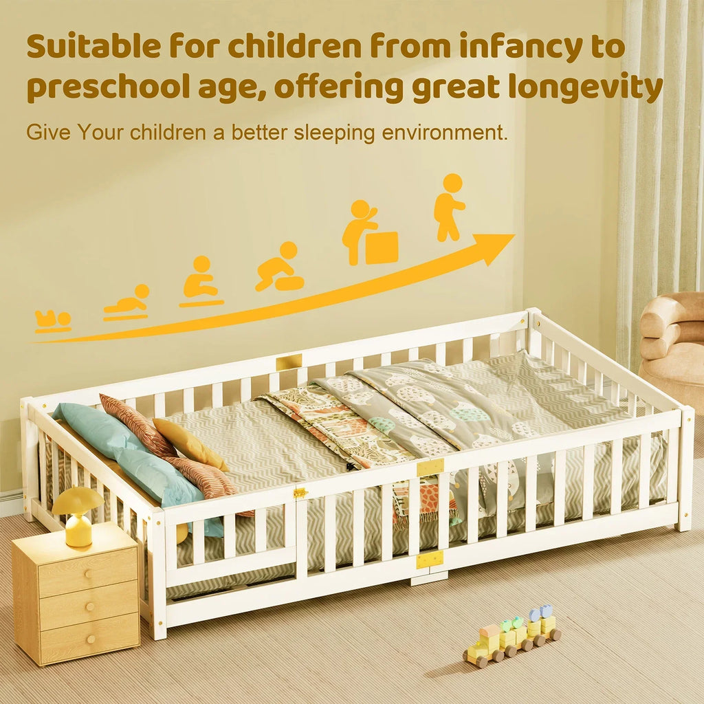 2026 NewSlsy Twin Size Toddler Floor Bed, Solid Wood Montessori Bed Frame with Fence & Door Montessori Floor Bed Crib with Safety Guardrails for Girls and Boys