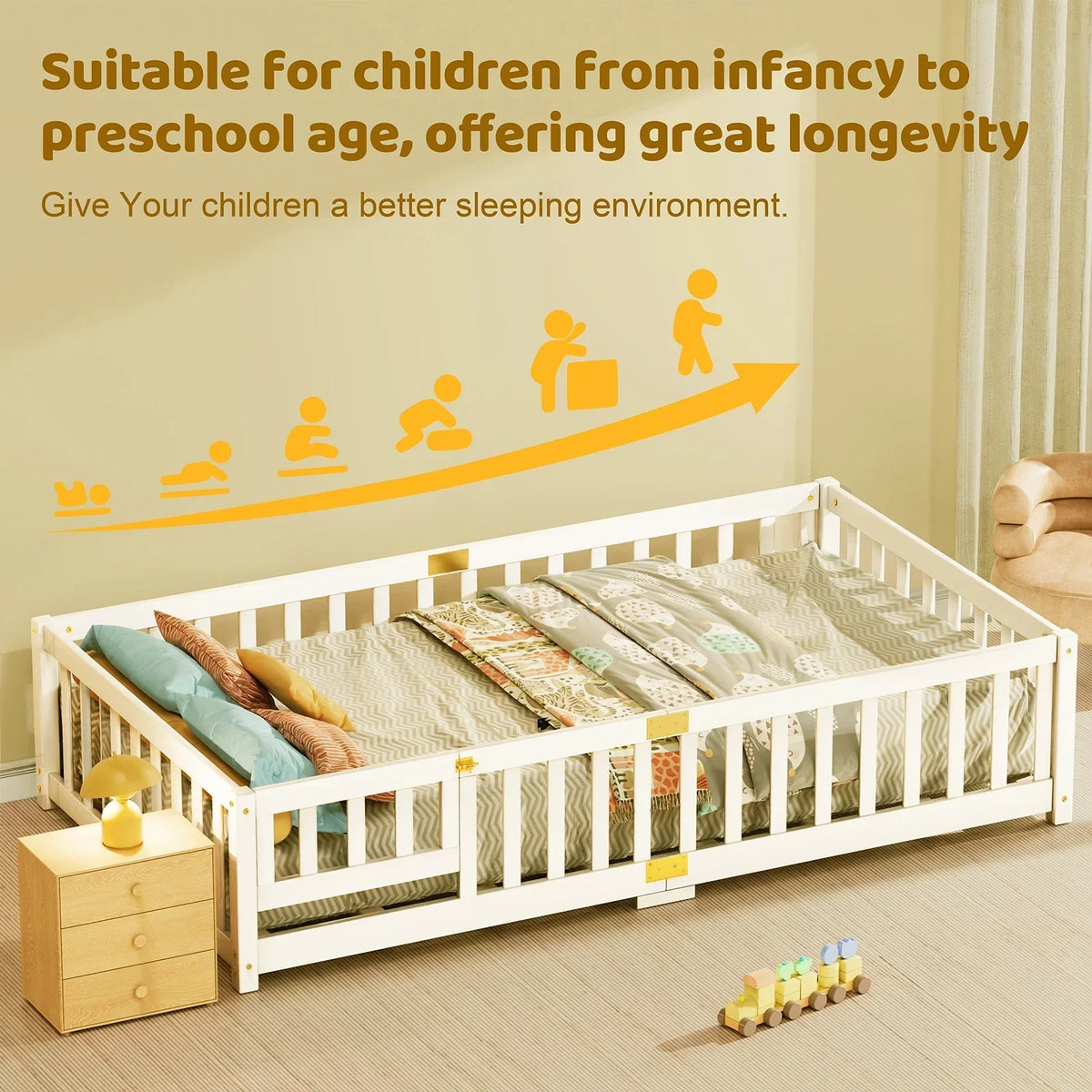 2026 NewSlsy Twin Size Toddler Floor Bed, Solid Wood Montessori Bed Frame with Fence & Door Montessori Floor Bed Crib with Safety Guardrails for Girls and Boys