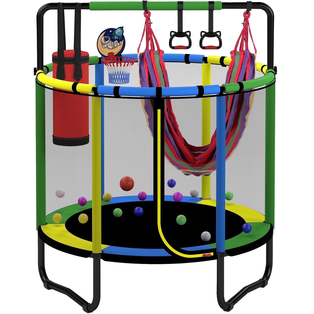 2026 NewMini Round Trampoline for Kids with Basketball Hoop, SEGMART 55'' Indoor Outdoor Toddler Trampoline with Enclosure Net, Swing, Sandbag, Ring, Ocean Balls, Small Trampoline Gift for Boys Girls, Blue