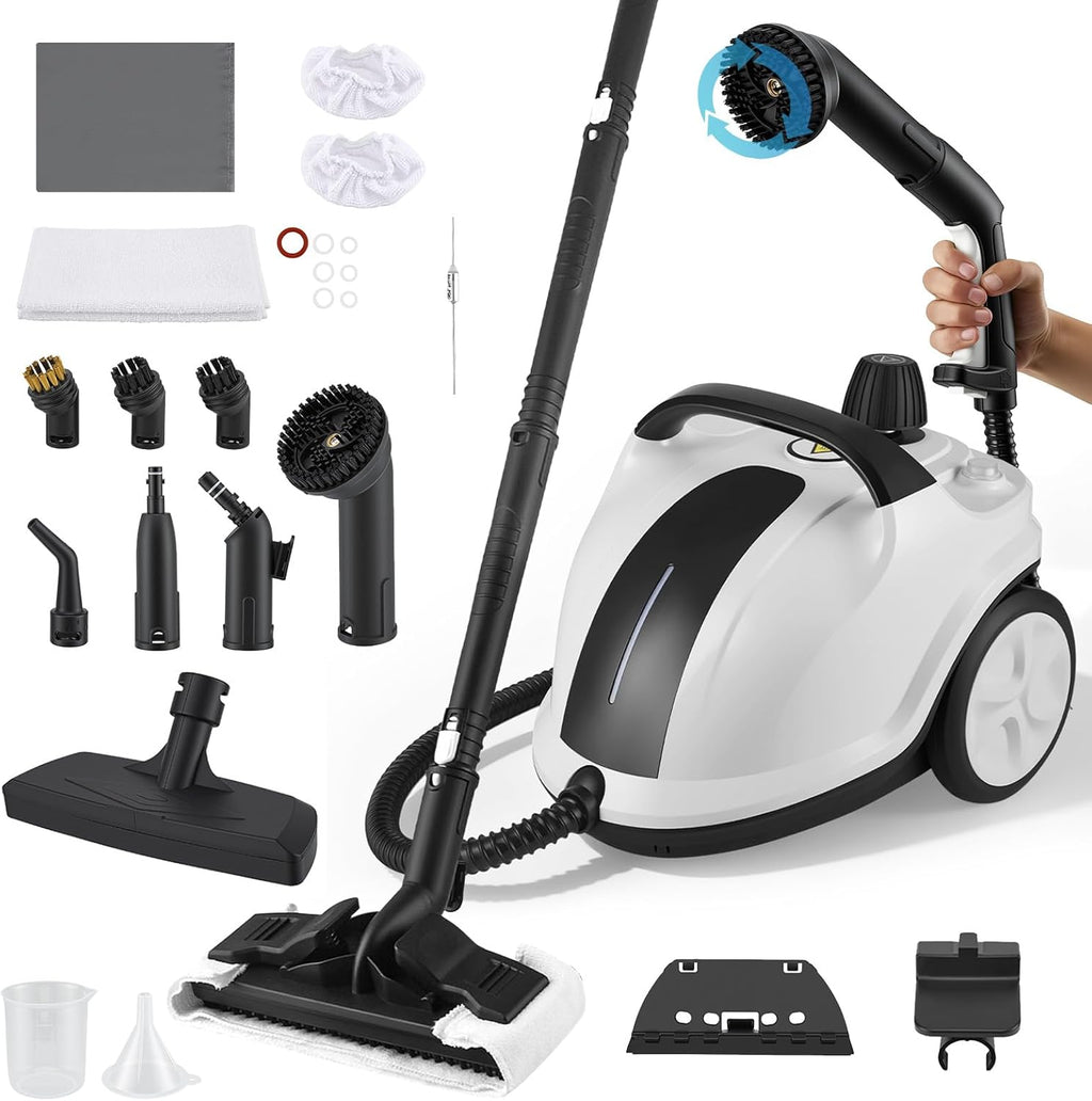 2026 Limpiador a vapor 2000W con 5 bar de presión - Depósito de 2 litros para 100m² de superficie - Set de accesorios de 18 piezas - Limpiador a vapor portátil con cabezal de cepillo giratorio