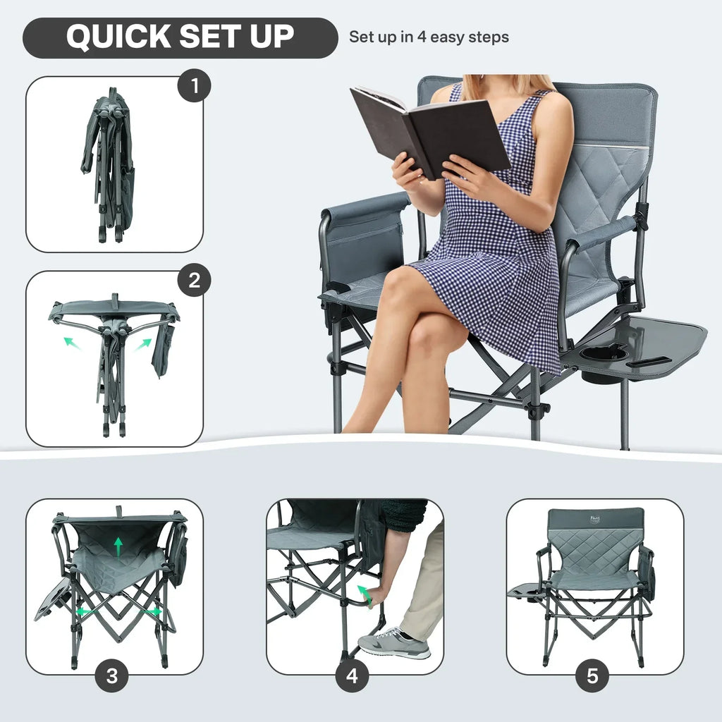 2026 NewTIMBER RIDGE Portable Director Chair, Heavy Duty Camping Folding Chair with Compact Size with Side Pocket and Side Table, Support 400 lbs, Grey
