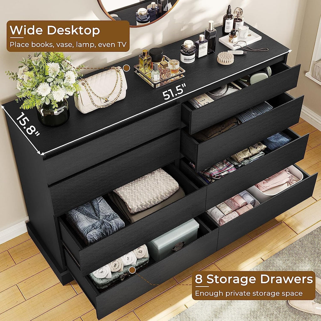 2026 New8 Drawers Double Dresser Wooden Black Chest of Drawers for Bedroom, Large Storage Cabinet for Home Living Room