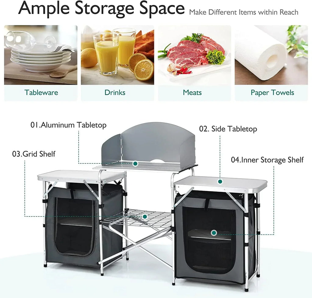2026 NewCamping Kitchen Table with Storage, Aluminum Portable Outdoor Cooking Table with Windscreen, Foldable Camp Table Cook Station for BBQ, Grill, Party, Picnics