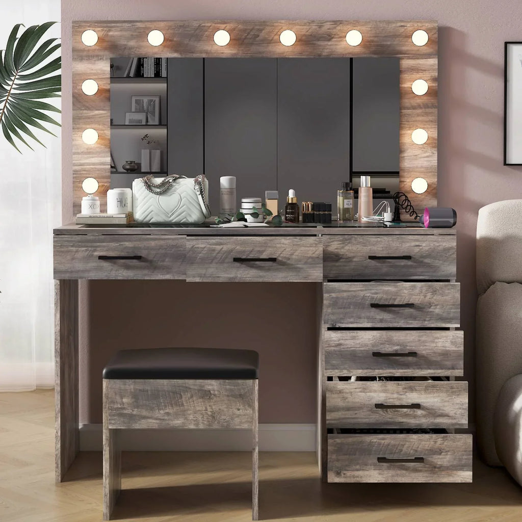 2026 NewKtaxon Large Makeup Vanity, Vanity Table Set w/ Visible Glass Top w/ Charging Station, White