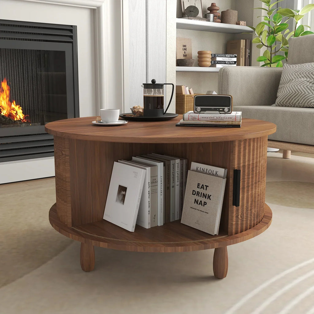 2026 NewRUMLIVE Round Coffee Table with Storage, 30.7" Modern Coffee Table with 360" Curved Sliding Door, Fluted Wood Coffee Table with Footpads, Round Center Table for Living Room, Black
