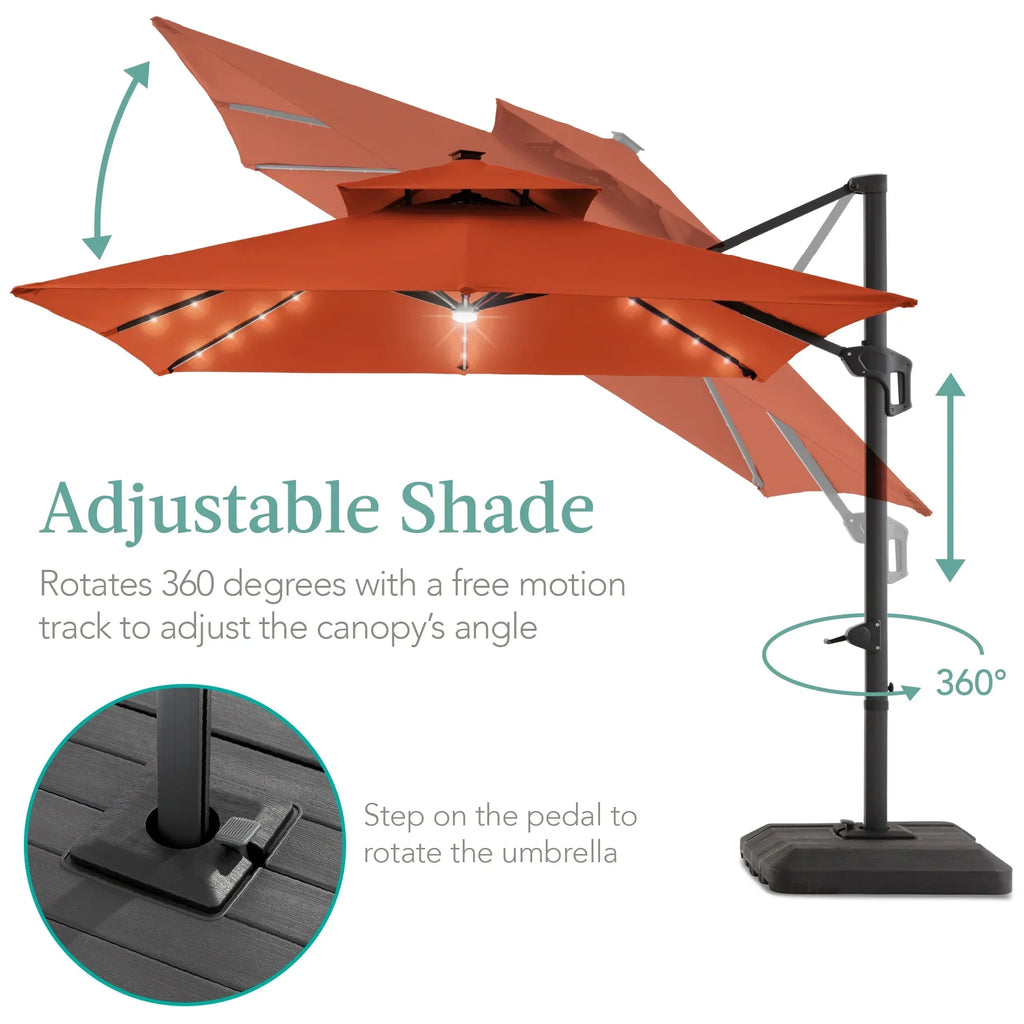 2026 NewBest Choice Products 10x10ft 2-Tier Square Outdoor Solar LED Cantilever Patio Umbrella w/ Base Included - Tan
