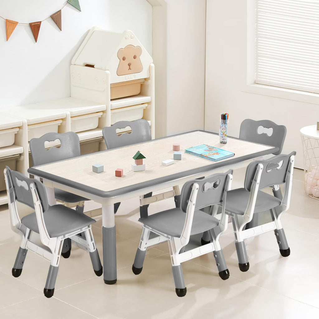 2026 NewTROPOW Kids Table and Chairs,Height Adjustable Toddler Table and 6 Chair,Multi-Activity Table with Graffiti Desktop Non-Slip Legs for Ages 2-10,Children Activity Table for Daycare,Classroom,Blue