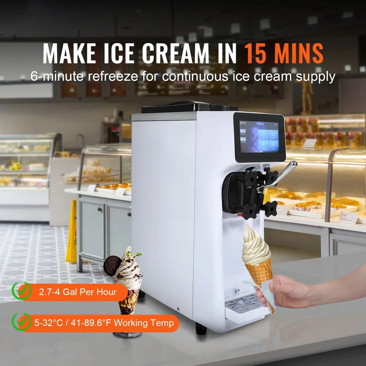 2026 NewKFFKFF Commercial Ice Cream Machine 2.7-4gal/10-15L/H 4L Hopper Single Flavor Countertop Soft Serve Ice Cream Maker Auto Clean Pre-Cooling