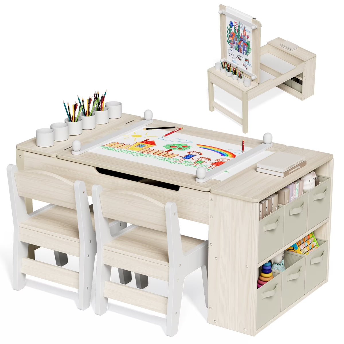 2026 NewLAZY BUDDY Kids Art Table and 2 Chairs Set, 2 in 1 Easel & Toddler Craft Table and Chairs Set with Storage Bins, Paint Cups and Paper Roll, Activity Table Set for Children 3+
