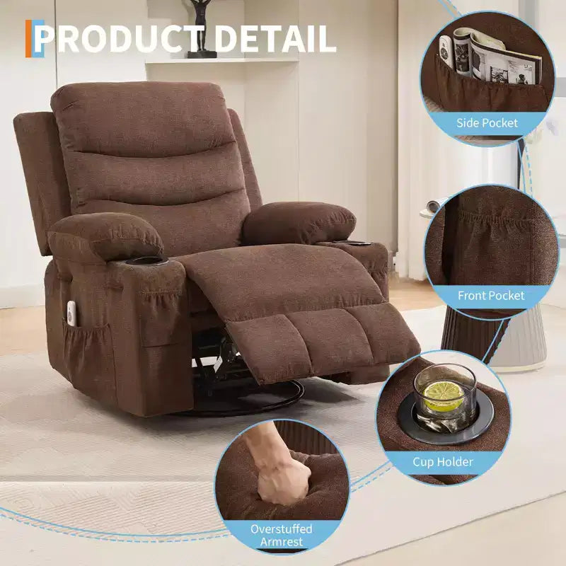 2026 Sillón reclinable mecedora giratorio 360° extragrande con masaje y calor, portavasos y bolsillos