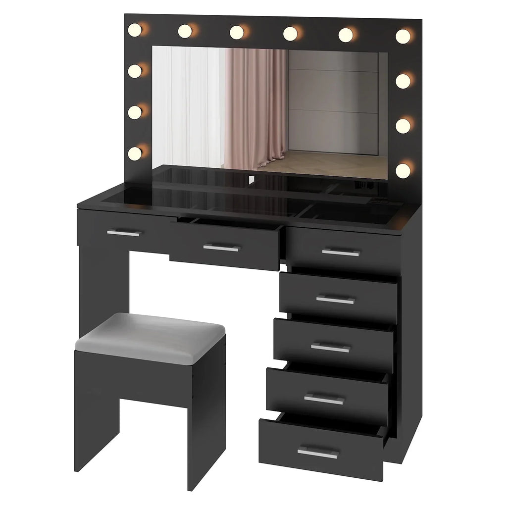 2026 NewKtaxon Large Makeup Vanity, Vanity Table Set w/ Visible Glass Top w/ Charging Station, White