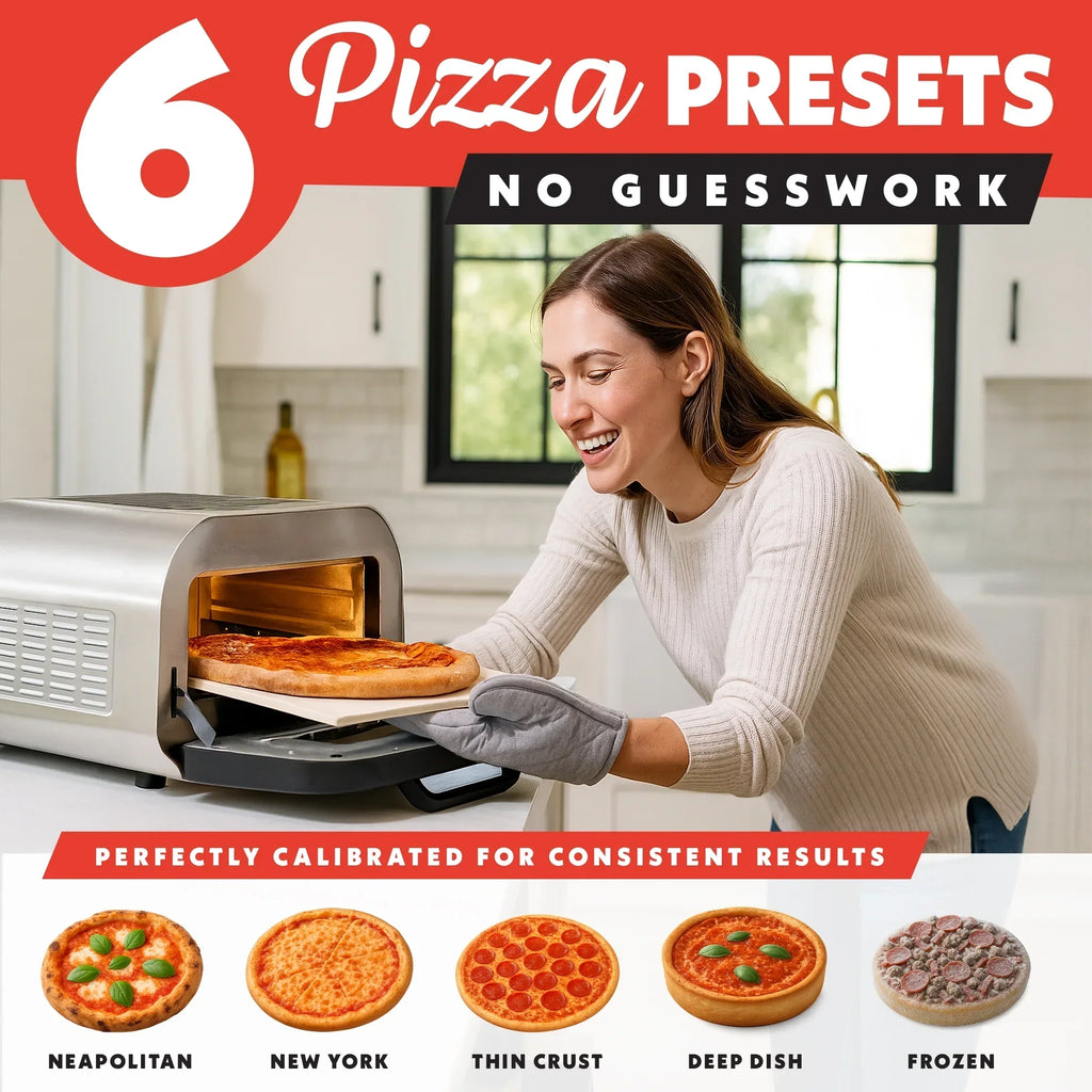 2026 NewGourmia Indoor Pizza Oven - All-in-One with 7 Cooking Functions, 6 Pizza Presets, Stainless Steel