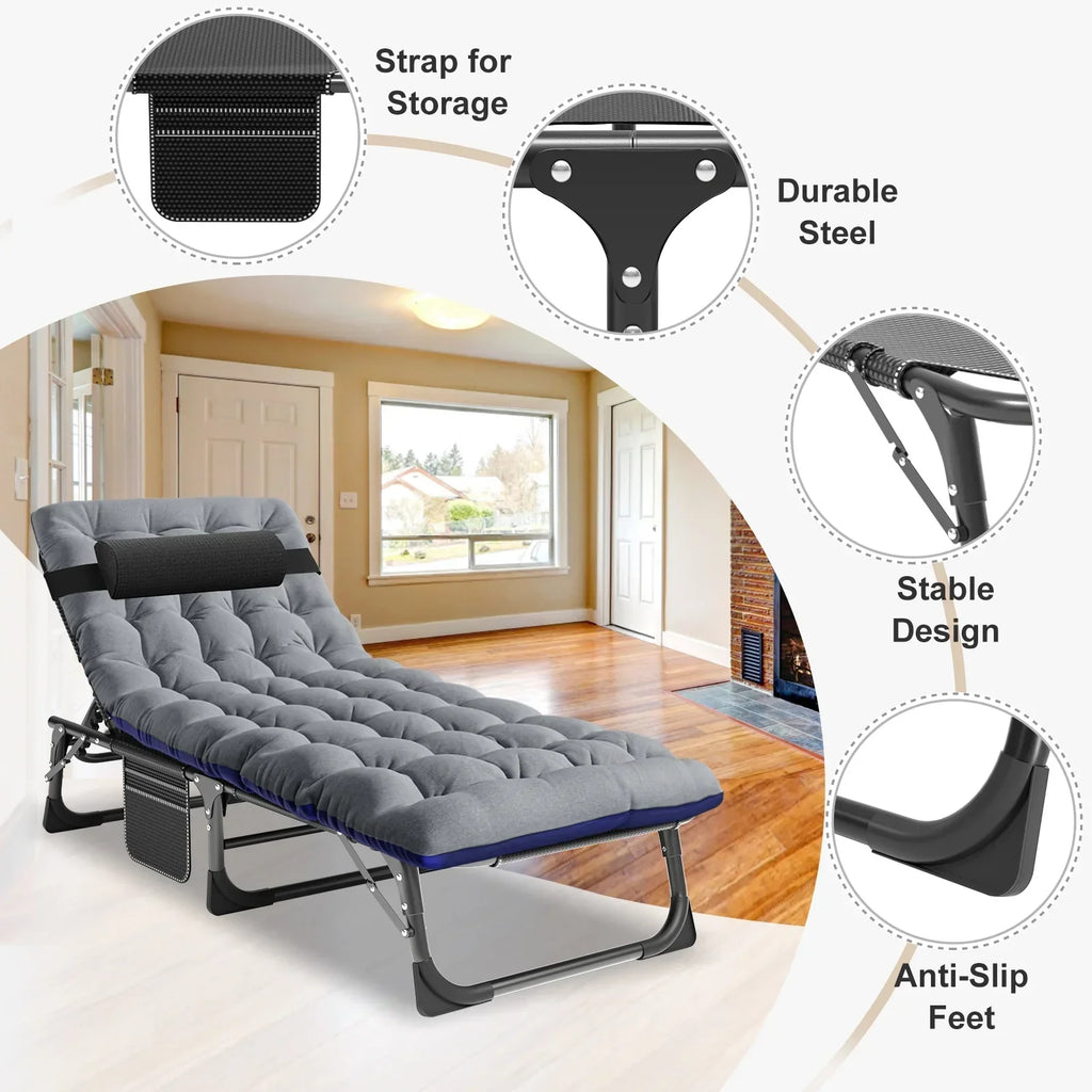 2026 NewMOPHOTO Lounge Chair with Mattress, Outdoor Chaise Lounge Support 440 Lbs, Adjustable Portable Heavy Duty Sleeping Cots Bed for Camping, Pool, Beach, Patio
