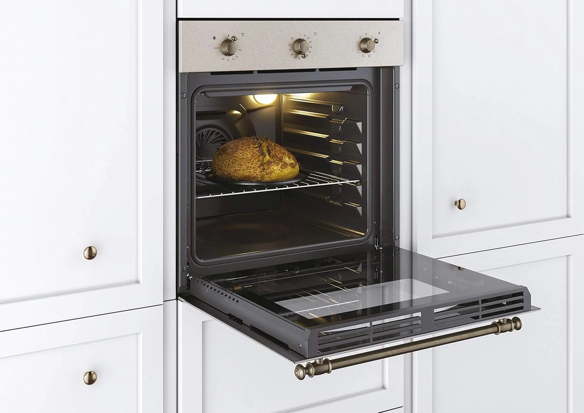 2026 Candy FCC603NAV - Horno eléctrico empotrable, ventilado, capacidad 65 litros, multifunción y función pizza, 8 programas, 56,8 x 59,5 x 59,5 cm, estilo rústico, avena, clase A