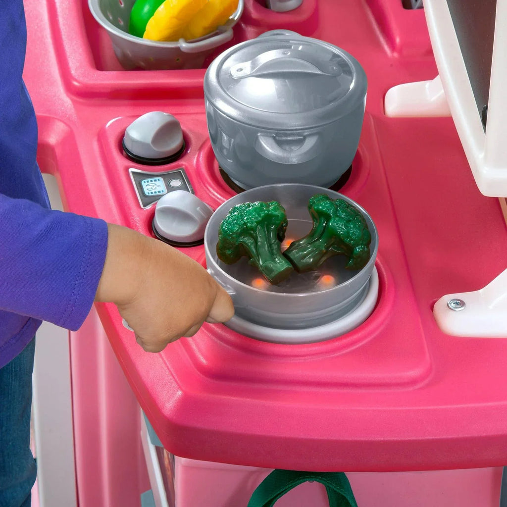 2026 NewStep2 Great Gourmet Soft Pink Plastic Toddler Kitchen with 35 Piece Kitchen Playset