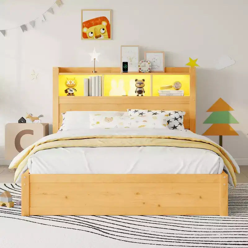 2026 Cama plataforma moderna de madera con cajones de almacenamiento y cabecero LED, natural/blanco, Twin/Full