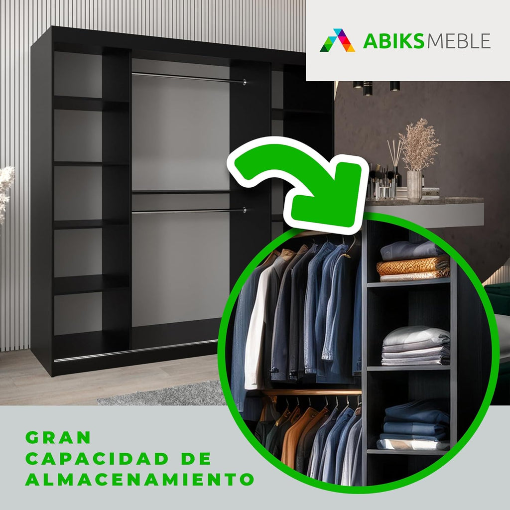 2026 Armario de dormitorio ABIKSMEBLE Verona 4 200 con tres puertas correderas – Armario de almacenamiento moderno con espejo, perchero y estantes – 200 x 200 x 62 cm – Negro mate Sonoma