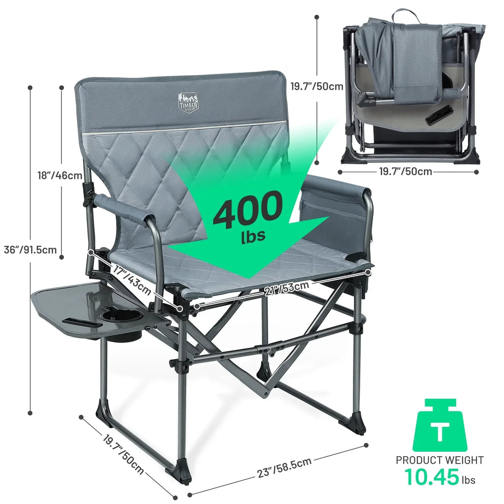 2026 NewTIMBER RIDGE Portable Director Chair, Heavy Duty Camping Folding Chair with Compact Size with Side Pocket and Side Table, Support 400 lbs, Grey