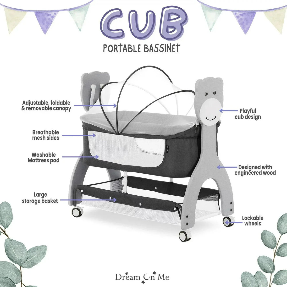 2026 NewDream on Me Cub Portable Bassinet in Dark Grey. Multi-Use Baby Bassinet with Locking Wheels