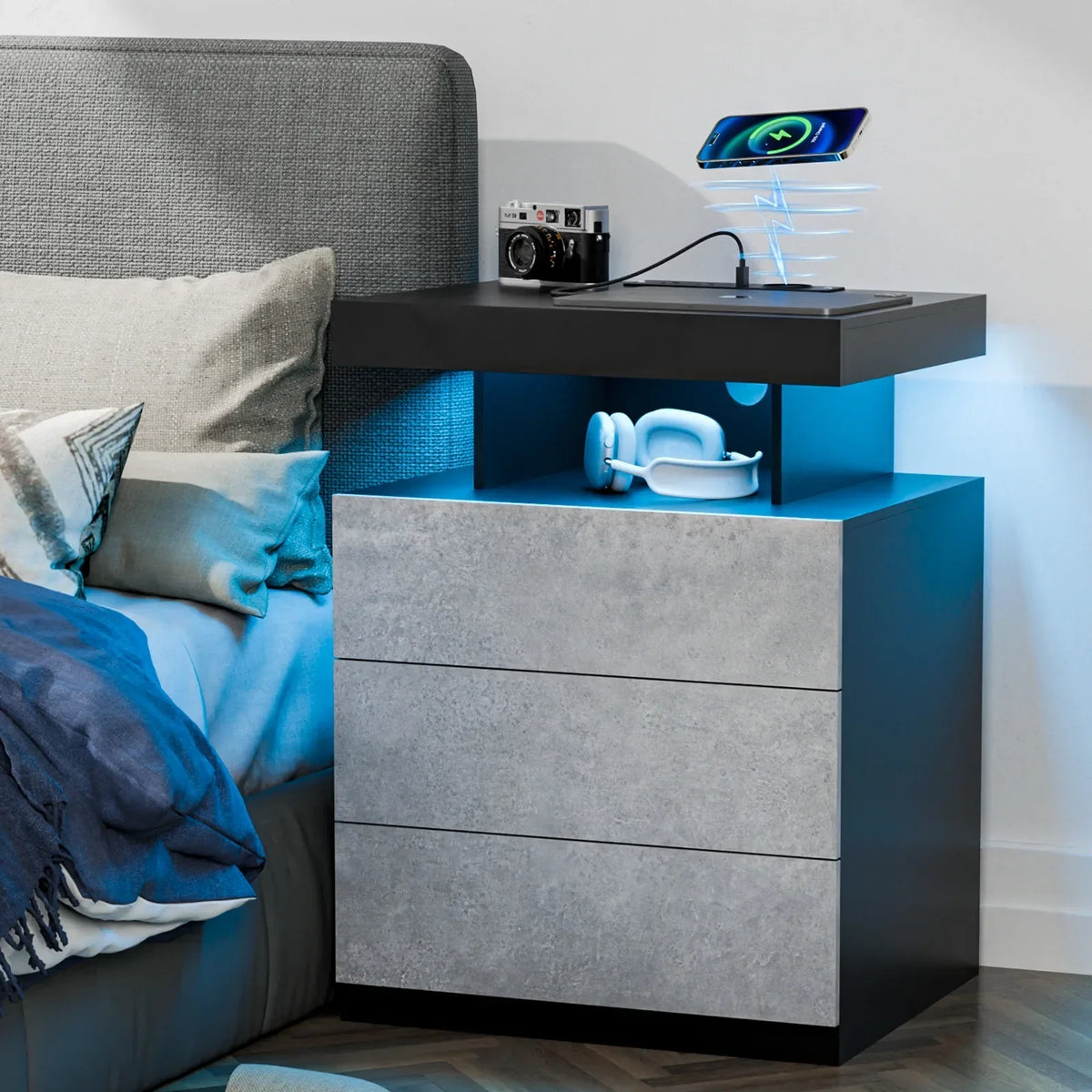 2026 NewHommpa LED Nightstand Wireless Charging Station USB Type C Outlets Bedside Table 3 Drawers Black Night Table Modern Smart Nightstand High Gloss End Side Table for Bedroom Furniture 26.8" Tall