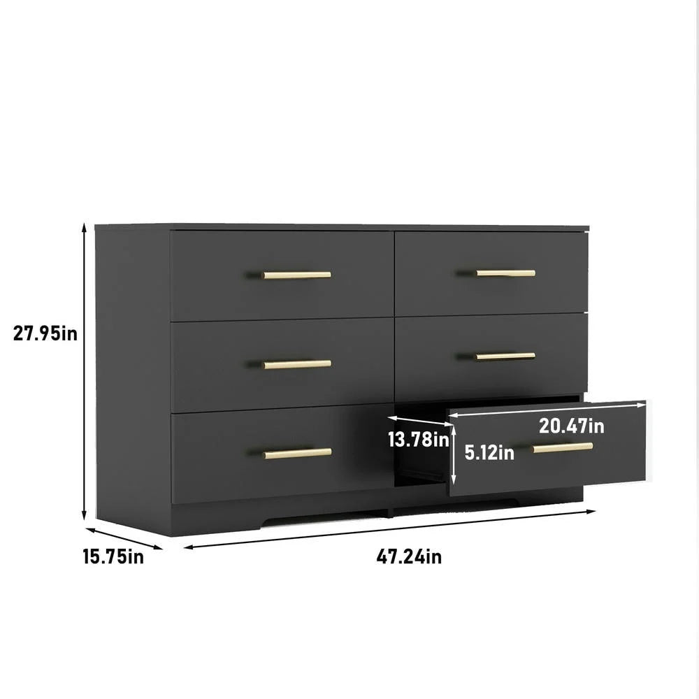 2026 NewKadyn Modern 6 Drawer Dresser Wood Cabinet,Dresser for Bedroom, Kitchen Storage Cabinet with Drawers, Chest of Drawers(Black)
