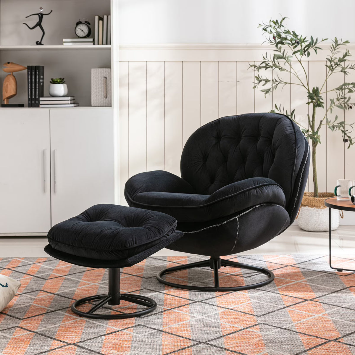 2026 NewVelvet Swivel Accent Chair with Ottoman, Modern Chaise Lounge Chair with Metal Frame and Footstool, Comfy Armchair Reading Chair for Living Room Bedroom Office,Blue