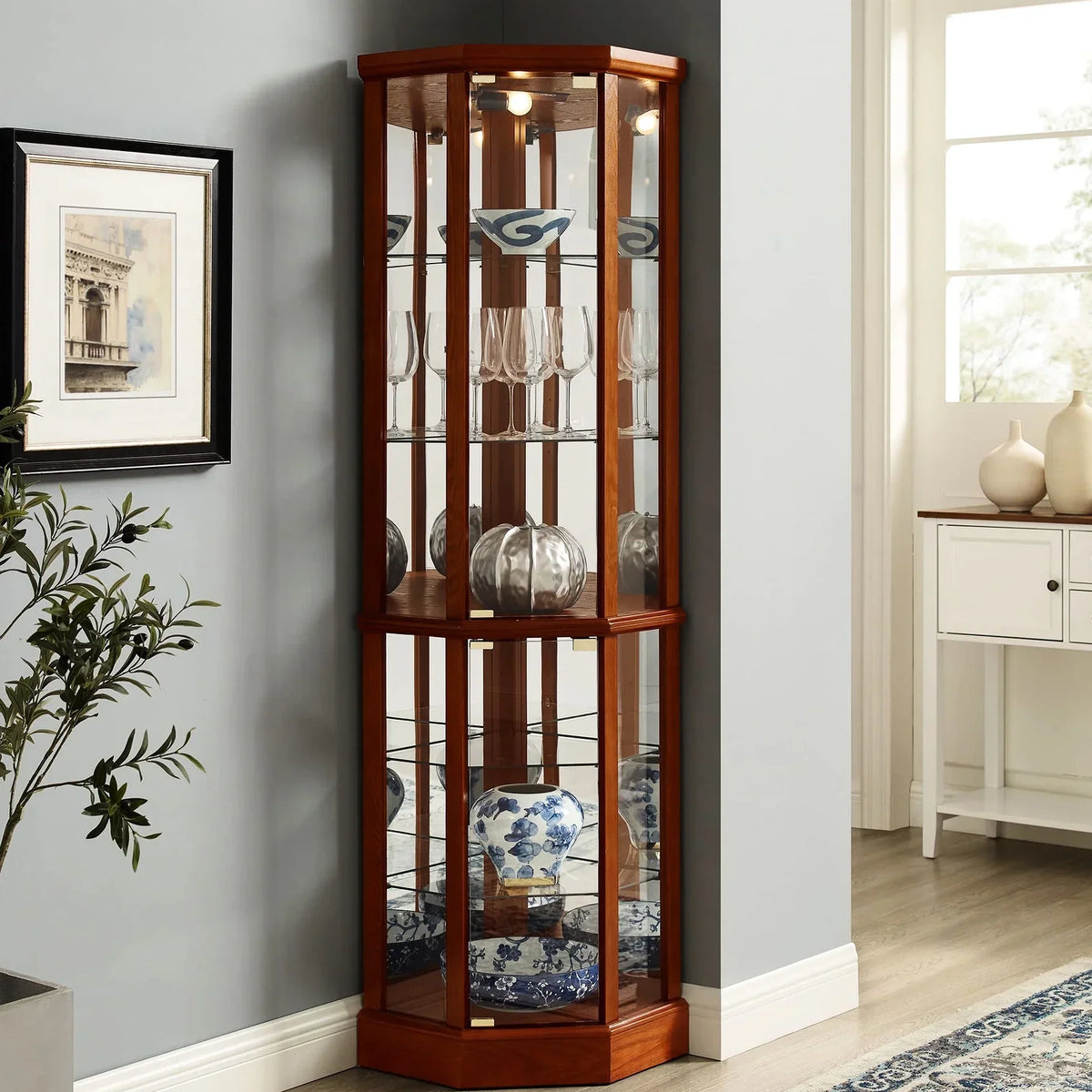 2026 NewWalnut Cabinet With 6 Shelves, Adjustable Glass & Mirrored Back Design Shelf Lighted Corner Curio Shelves In