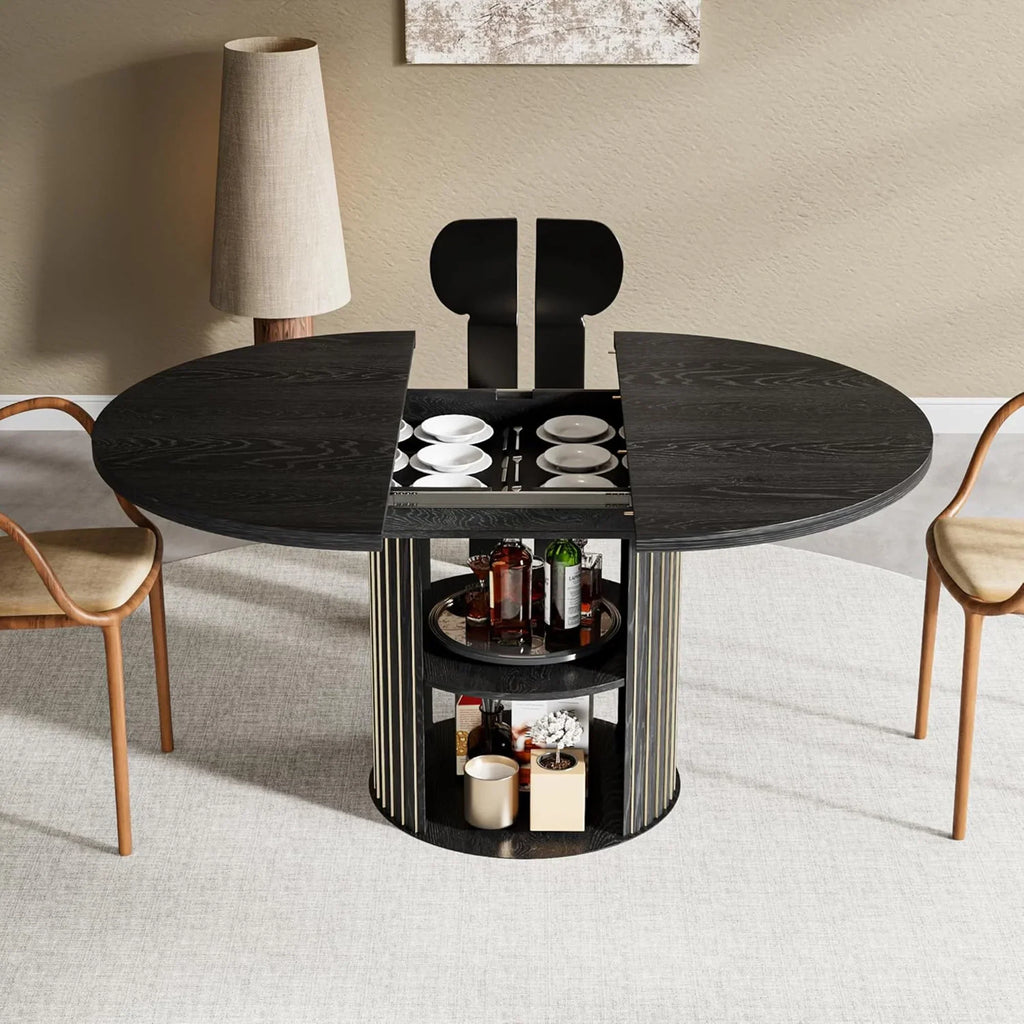 2026 NewExtendable Dining Table for 4-6, Round Kitchen Table with Storage Shelf, Oval Dining Tables for Living Room (Walnut)