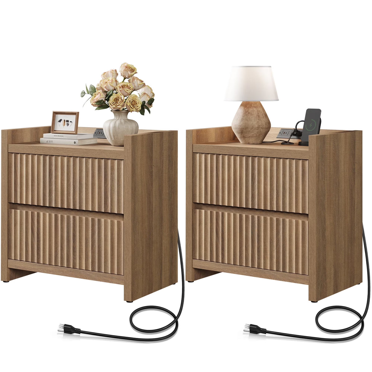 2026 NewSICOTAS 25.4" Wide Nightstand Set of 2 with Charging Station, Modern Night Stand with 2 Fluted Dresser & Handle-Less Storage Farmhouse Bed Side Table for Bedroom, Natural Oak