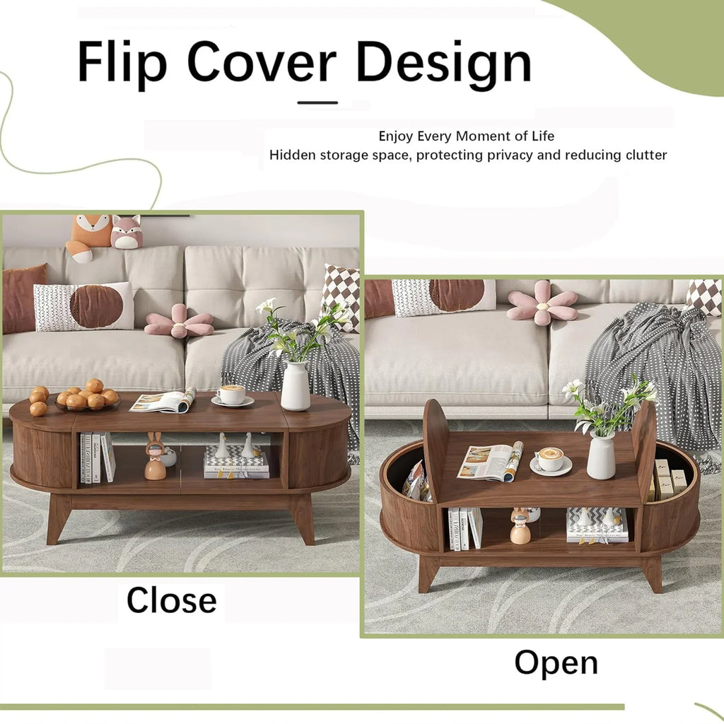 2026 NewFluted Coffee Table with Storage, Modern Coffee Tables, Wood Accent Center Table