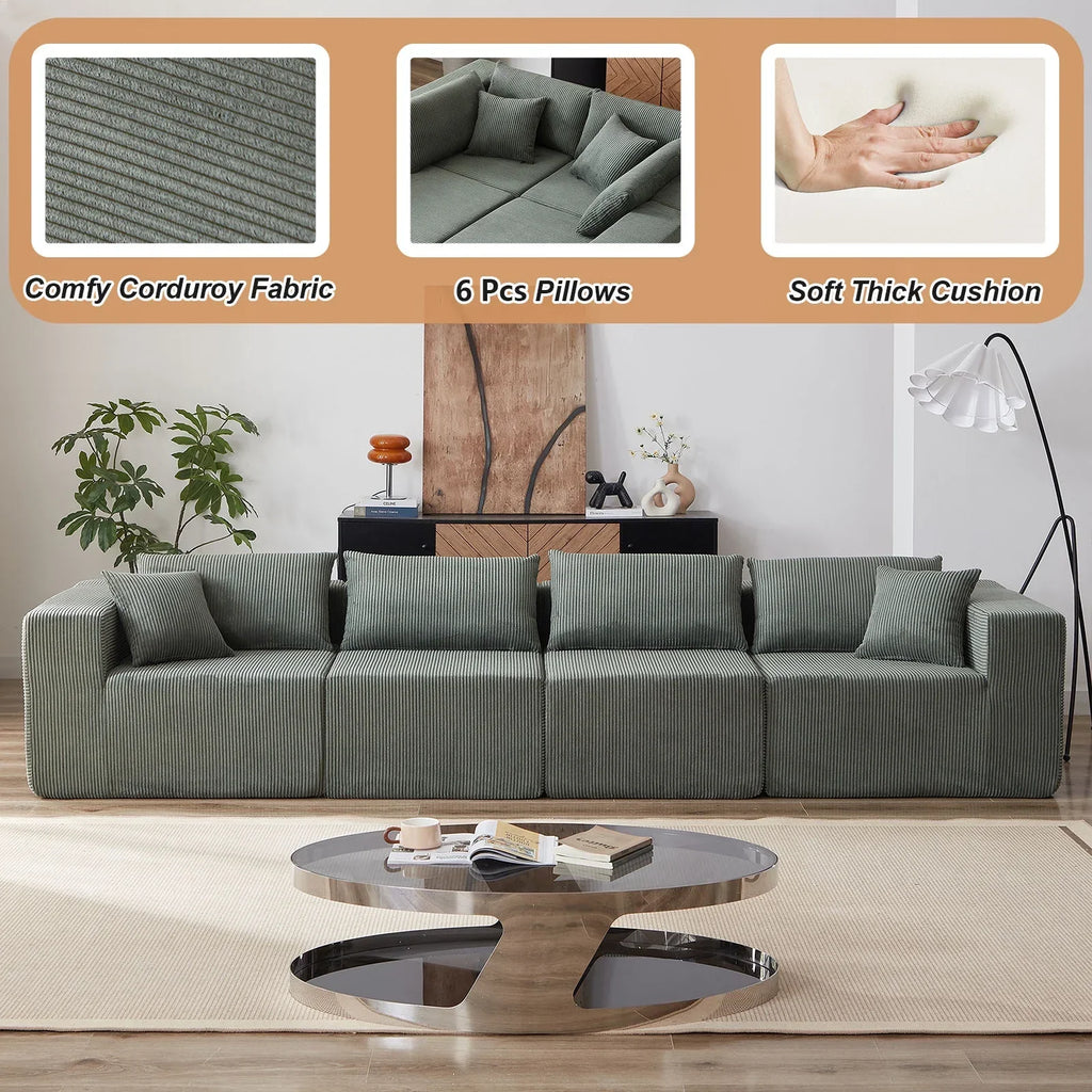 2026 New104-Inch Corduroy Modular L Shaped Sectional Sofa,Luxury Floor Couch Set,Upholstered Indoor Furniture,Foam-Filled Compressed Sofa for Living Room,Bedroom,4 PC Free Combination