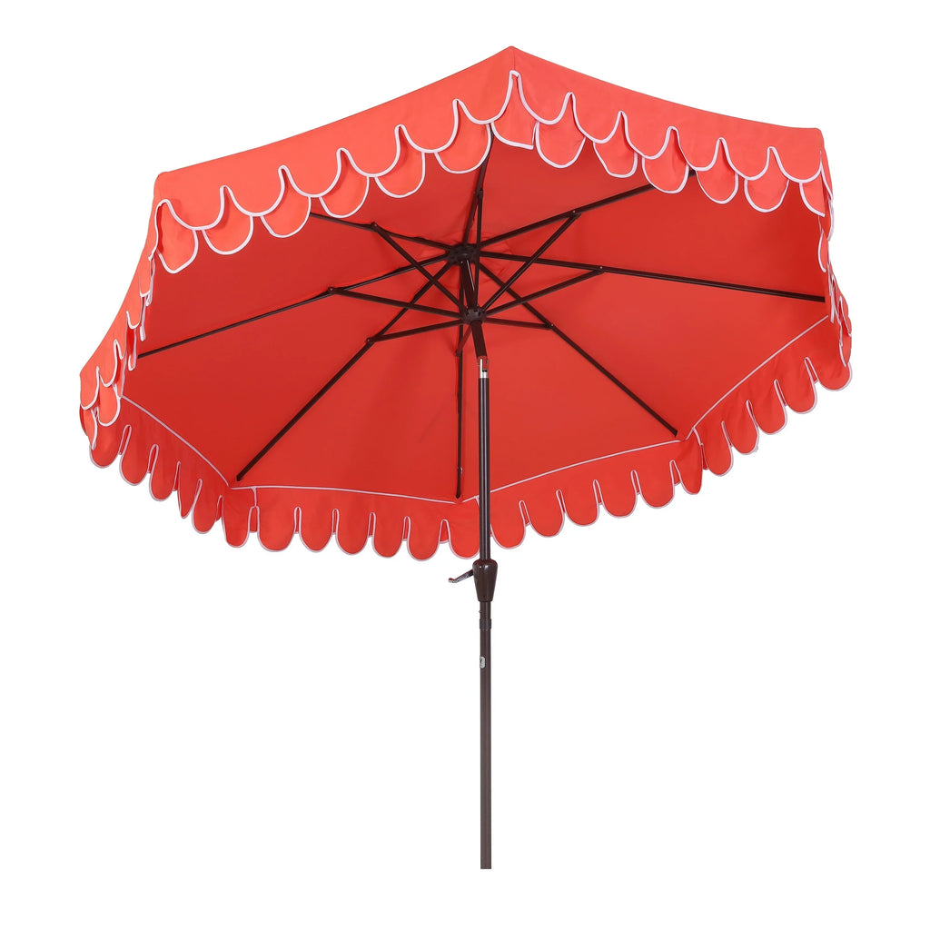 2026 NewJONATHAN Y Tracy 9 ft. Market Patio Umbrella, Classic Mid-Century Scalloped Fringe, with Auto-Tilt Crank, Wind Vent and UV Protection, Coral Pink/White, Dark Brown Pole