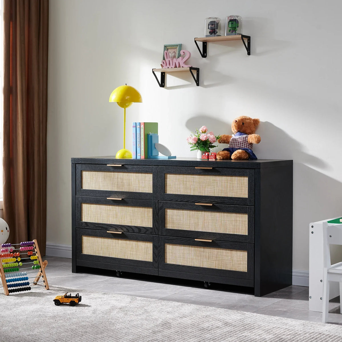 2026 NewSICOTAS 56.85" 6 Drawer Dresser,Rattan Dresser with Storage,Boho Dressers & Chests of Drawers Wooden Tall Dresser for Bedroom
