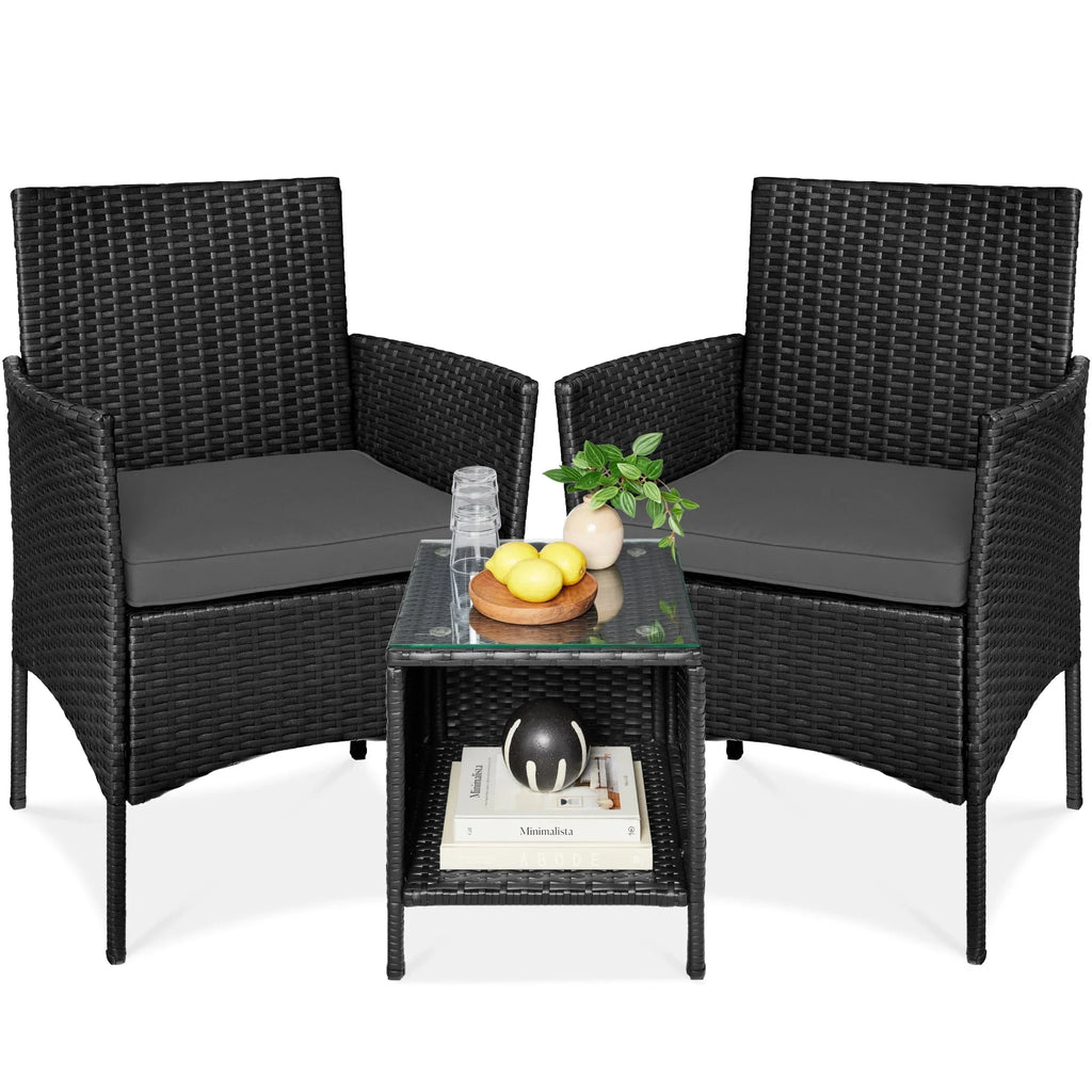 2026 NewBest Choice Products 3-Piece Outdoor Wicker Conversation Patio Bistro Set, w/ 2 Chairs, Table - Gray/Navy