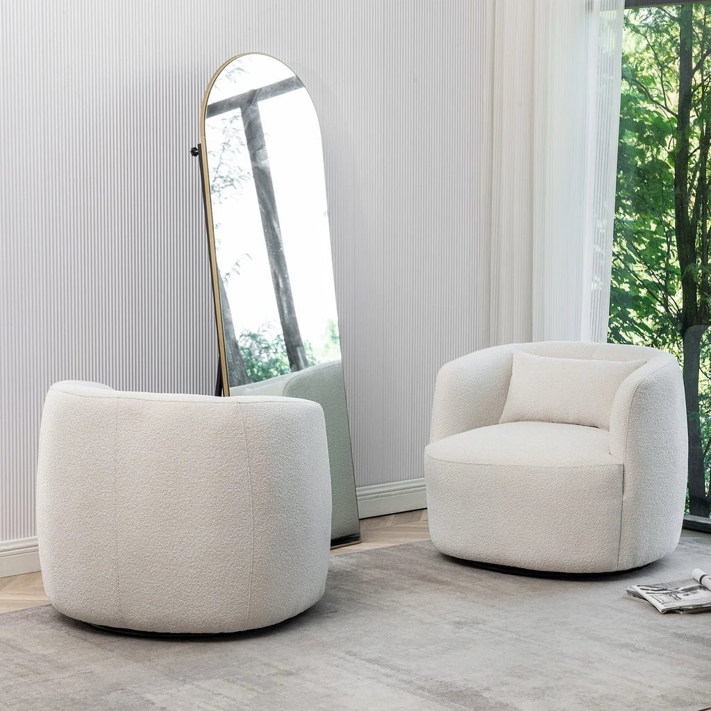 2026 New34" Wide Boucle Swivel Barrel Chair, No Assembly Round Upholstered Armchair Accent Chair Single Sofa Chair with Toss Pillow for Living Room and Bedroom, Taupe