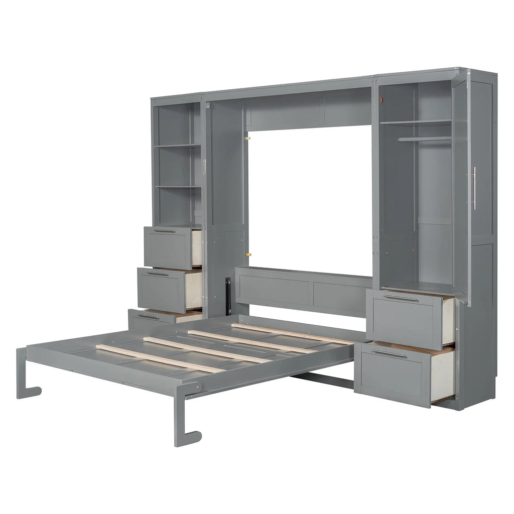 2026 NewNewest Queen Size Murphy Bed Wall Bed with Closet,Drawers, Shelves,Gray