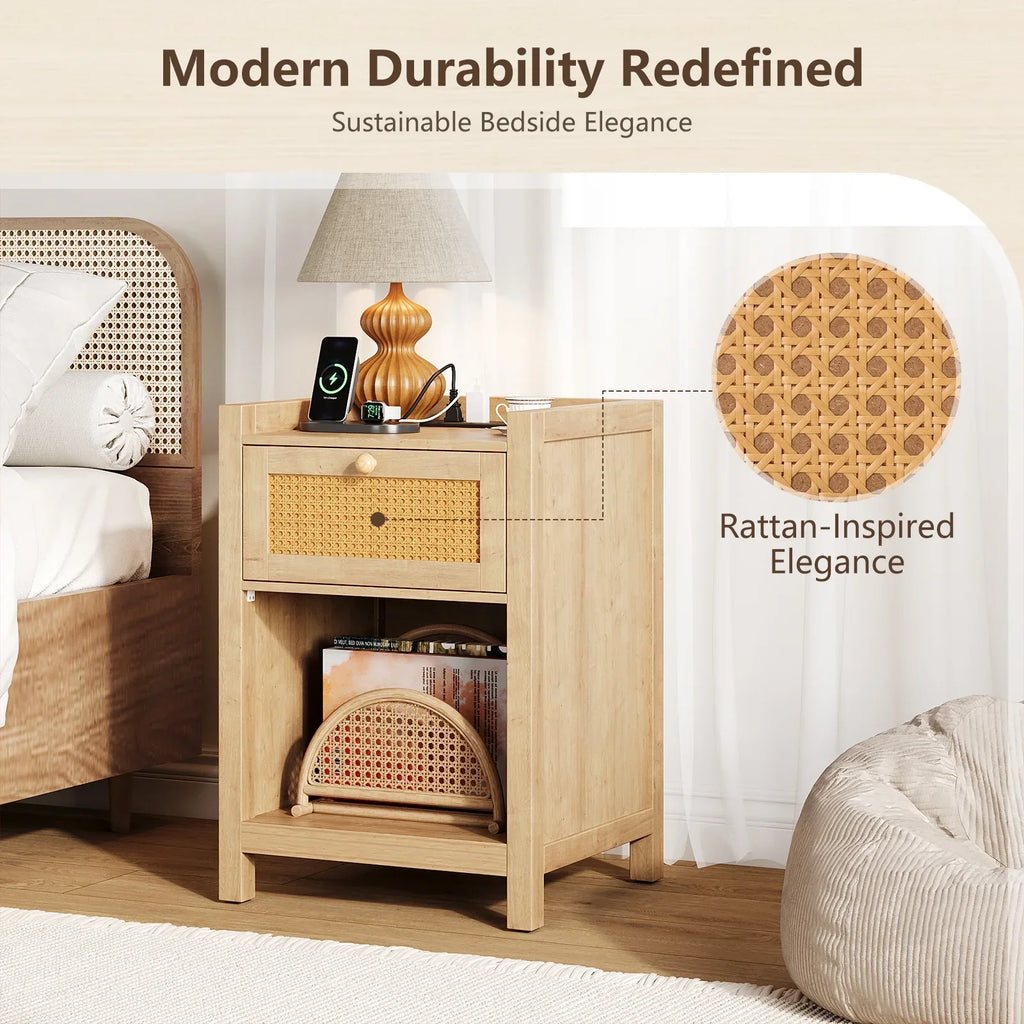 2026 NewLGHM Nightstand Set of 2 with Charging Station, Farmhouse Bedside Tables Night Stands with Drawer, Boho Side Tables for Bedroom, Living Room, Oak