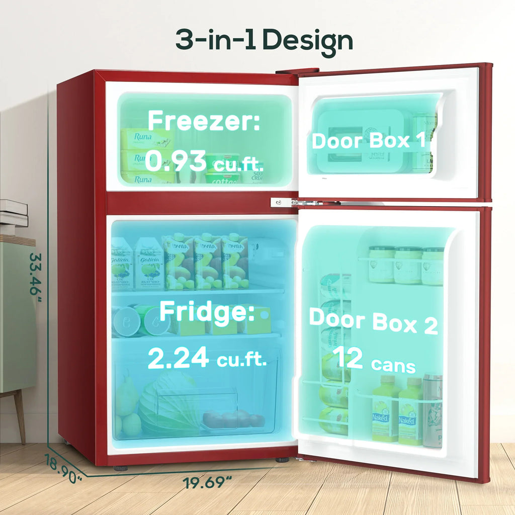 2026 NewAuseo 3.1 Cu.Ft Double Door Mini Fridge with Freezer, Compact Retro Refrigerator for Dorm, Office, Bar, Bedroom, Black