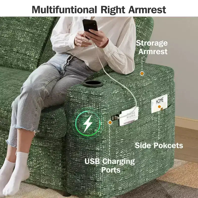 2026 Dyonery Sofá cama 4 en 1 de 65,5" con respaldos ajustables, carga USB/Type-C, portavasos y bolsillos, verde