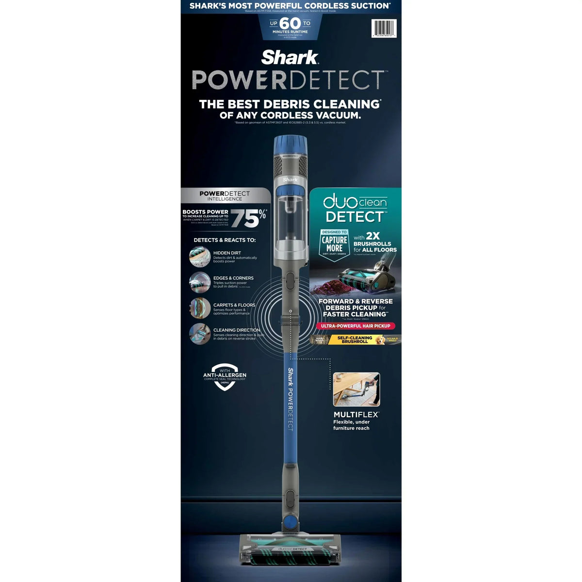 2026 NewShark PowerDetect Cordless Stick Vacuum, Multi-Surface, with DuoClean Detect Nozzle and MultiFLEX Wand, Up to 60 Mins Runtime, IP1250 Blue