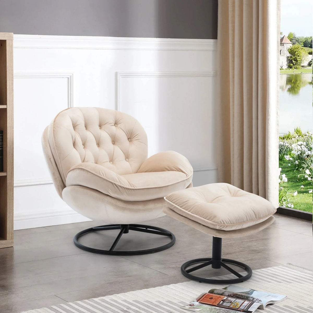 2026 NewVelvet Swivel Accent Chair with Ottoman, Modern Chaise Lounge Chair with Metal Frame and Footstool, Comfy Armchair Reading Chair for Living Room Bedroom Office,Blue