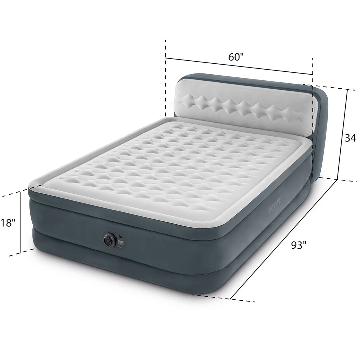 2026 NewIntex: Dura-Beam Deluxe: Ultra Plush Headboard Airbed - Queen - Gray, 18" Inflatable Mattress, Built-In Pump, Fiber-Tech, Carry Bag, 600lb Cap 64447ED