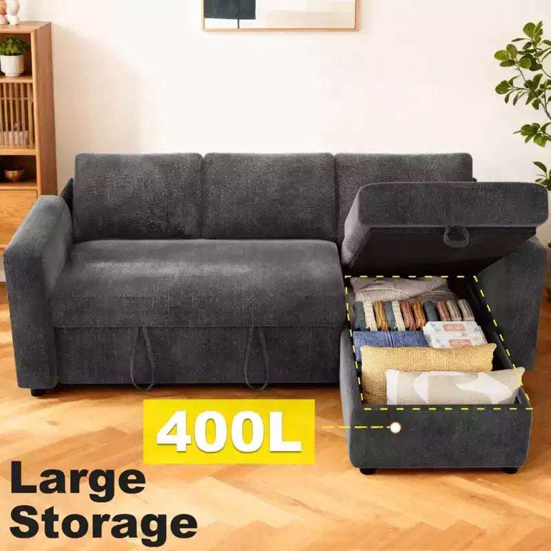 2026 Sofá cama extraíble 2 en 1 con chaise longue de almacenamiento, chenilla y puertos USB