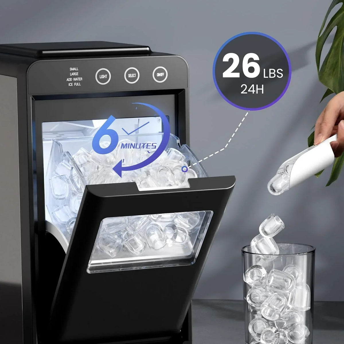 2026 NewMoifoi Ice Maker Countertop, 26 lbs/24 H, 8 Pcs Ice in 6 Mins, Portable Ice Maker Machine with Self-Cleaning, Interior Lighting, 2 Sizes Bullet Ice, Black